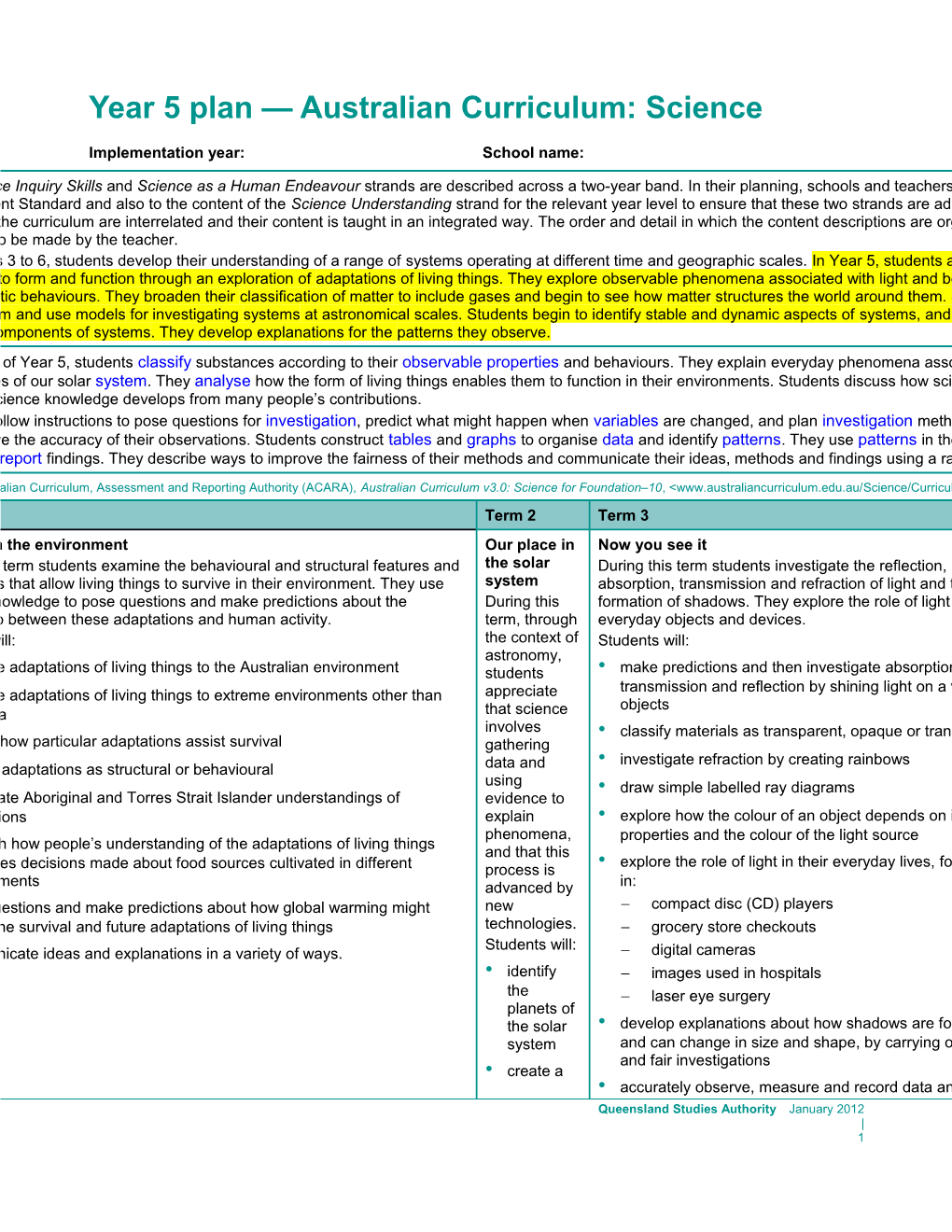 Year 5 Plan Australian Curriculum: Science