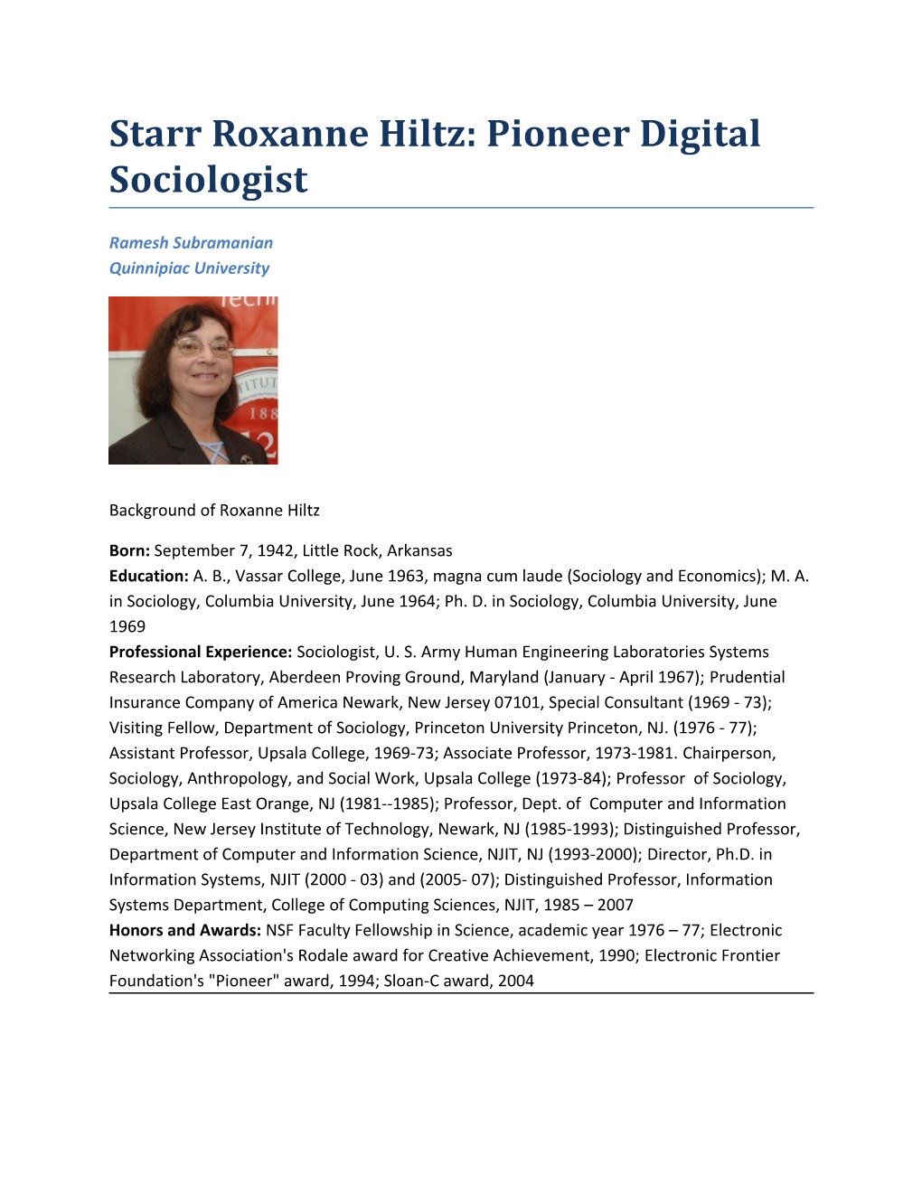 Starr Roxanne Hiltz: Pioneer Digital Sociologist