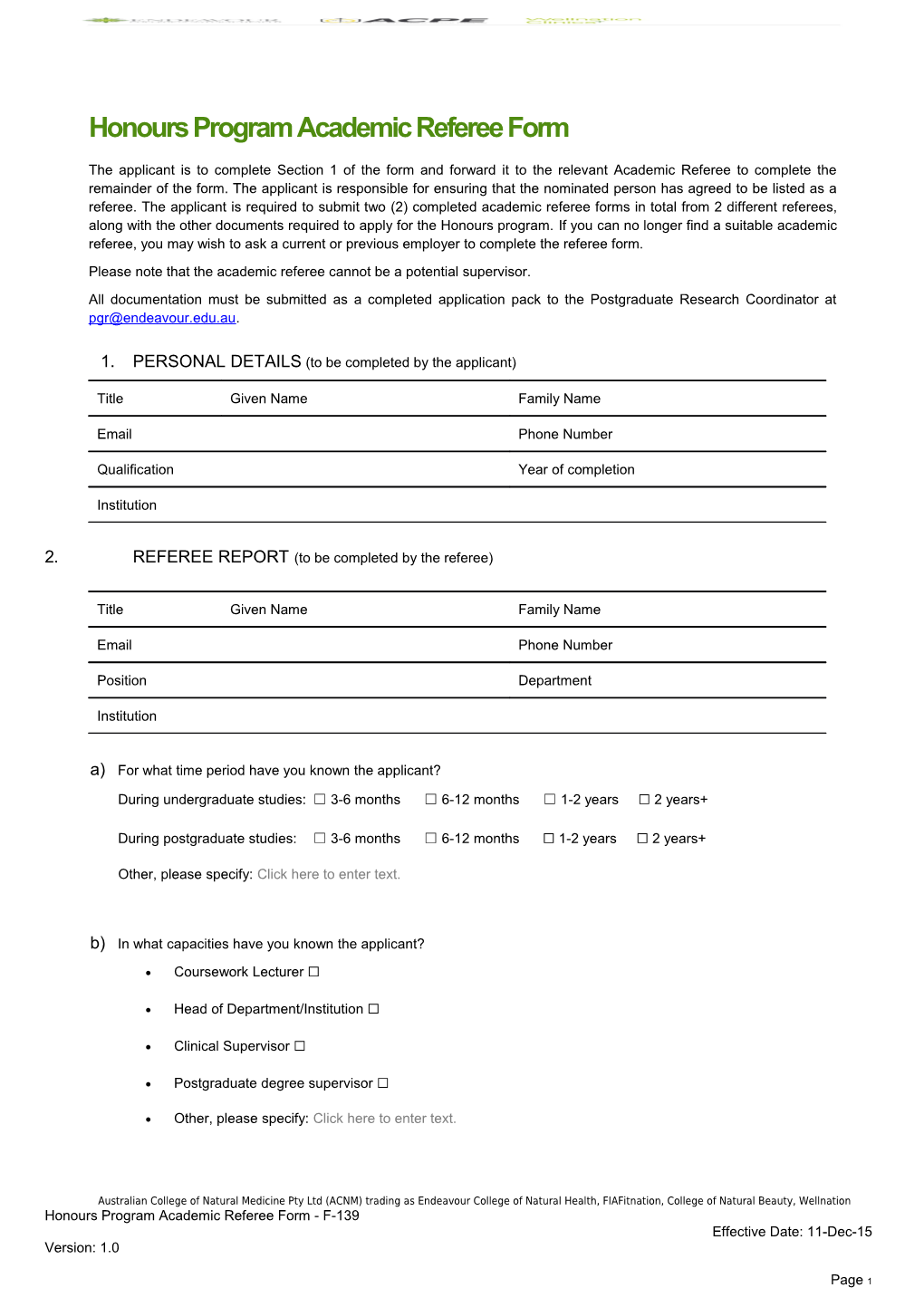 Honours Program Academic Referee Form