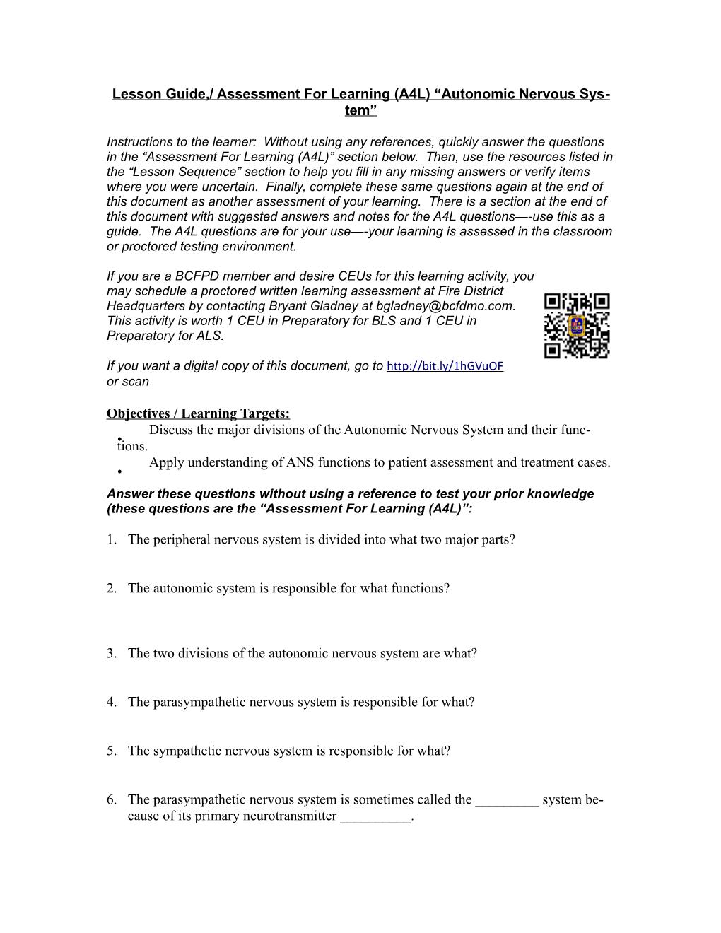 Lesson Guide,/ Assessment for Learning (A4L) Autonomic Nervous System