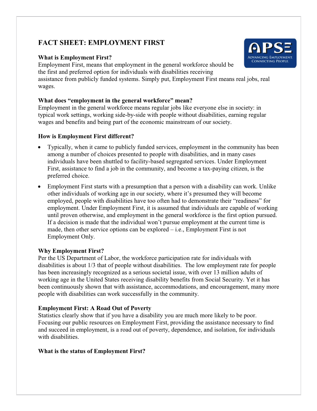 APSE: Employment First Definition and Principles