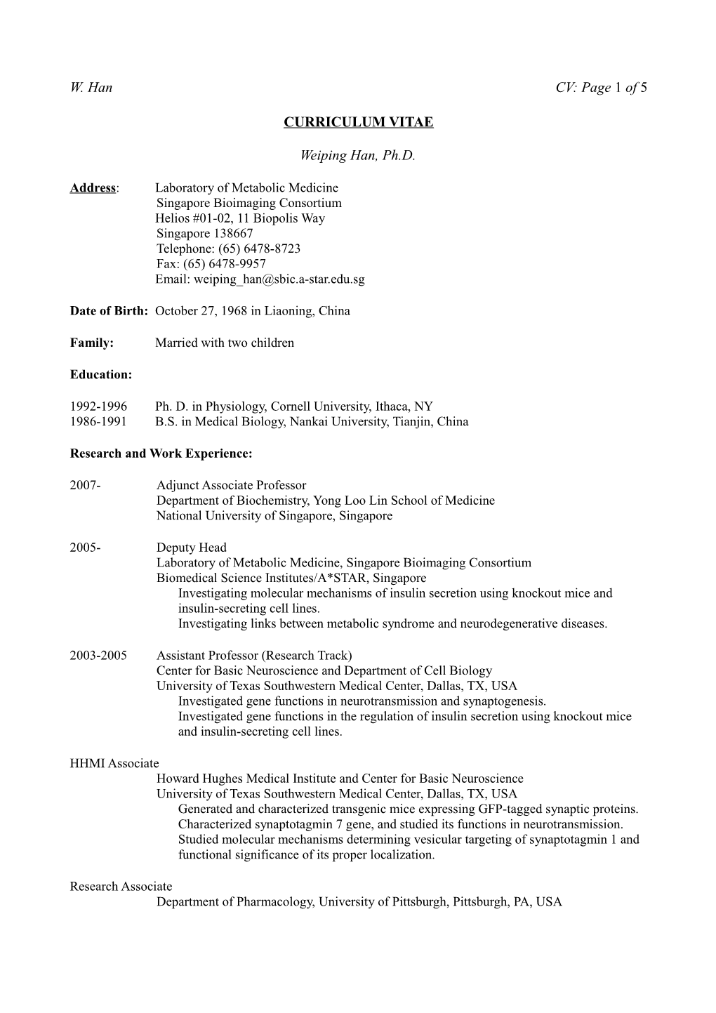 W. Han CV: Page 1 of 1