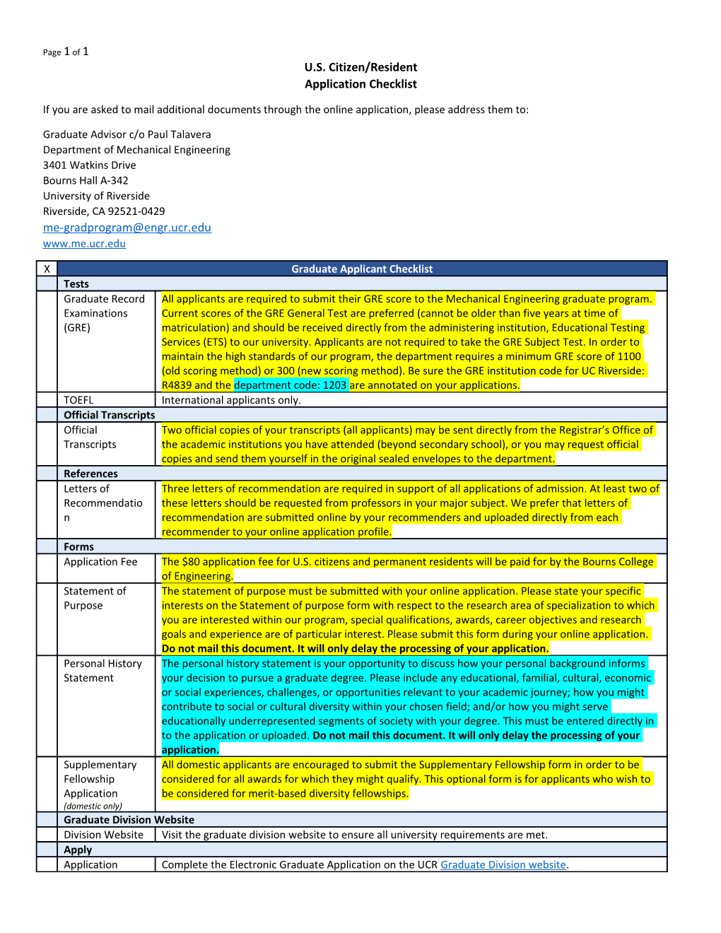 U.S. Citizen/Resident Application Checklist