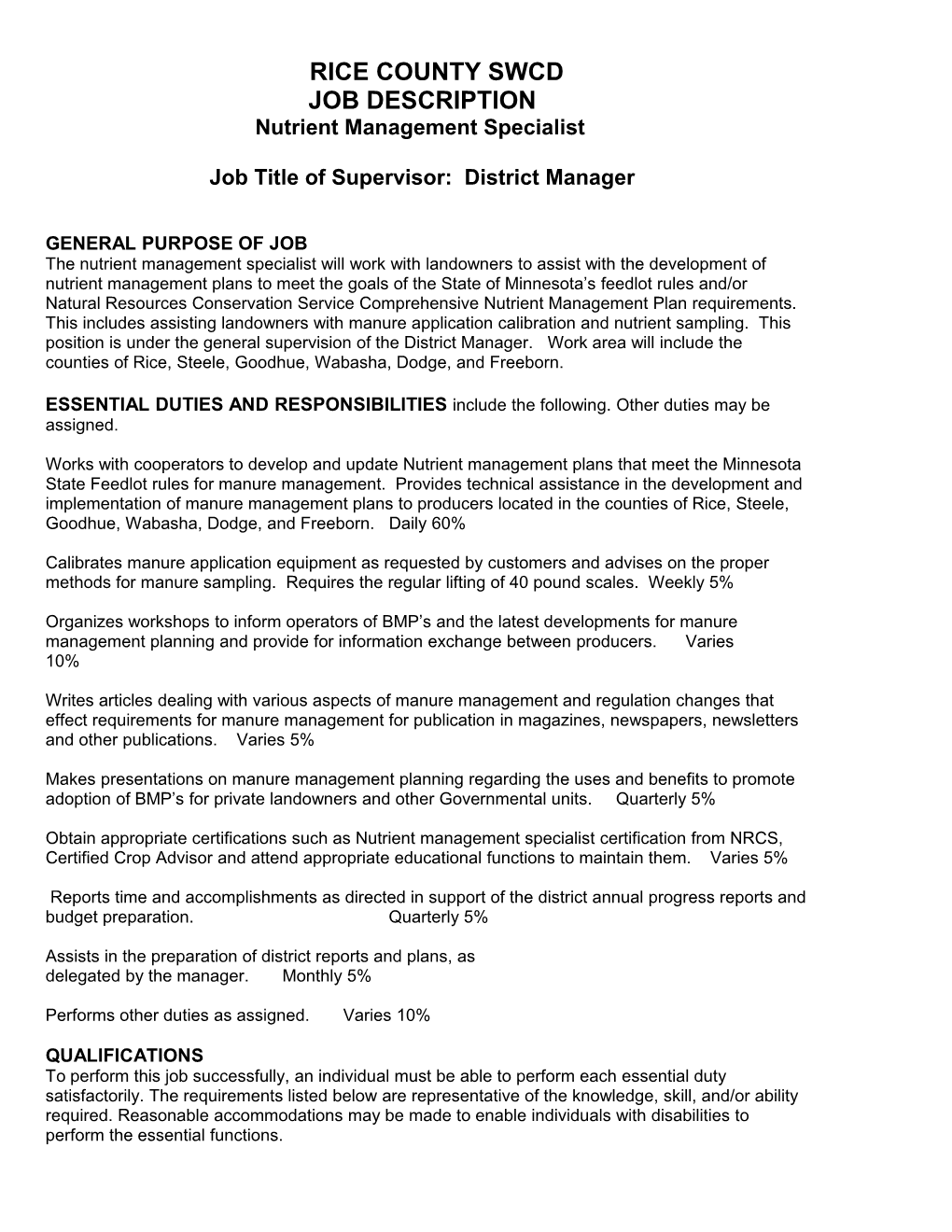 Job Title of Supervisor: District Manager