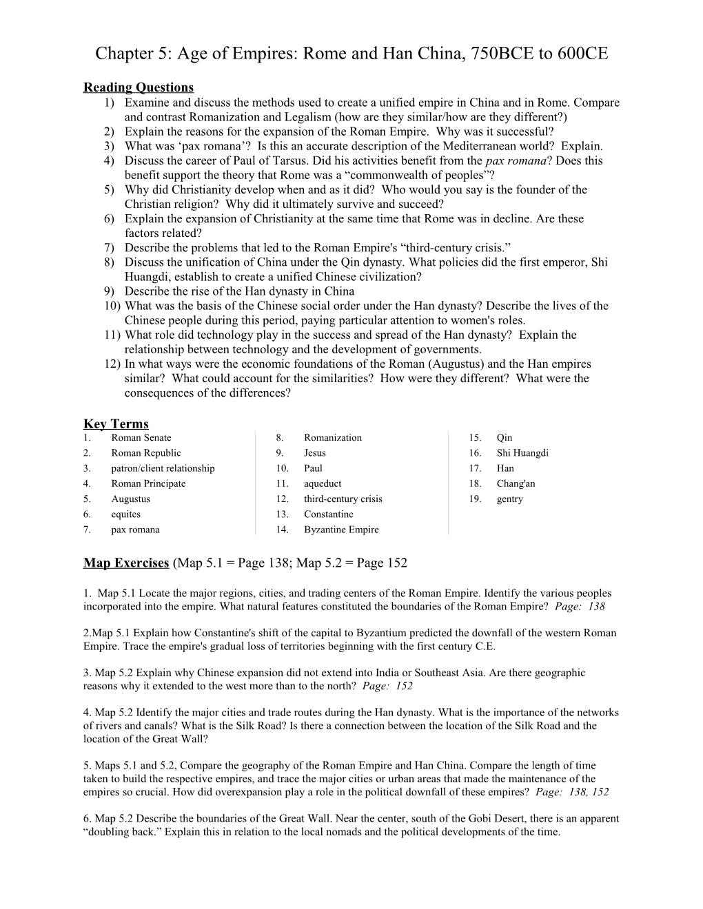 Student Handout Chapter 5: the Roman World and Han China
