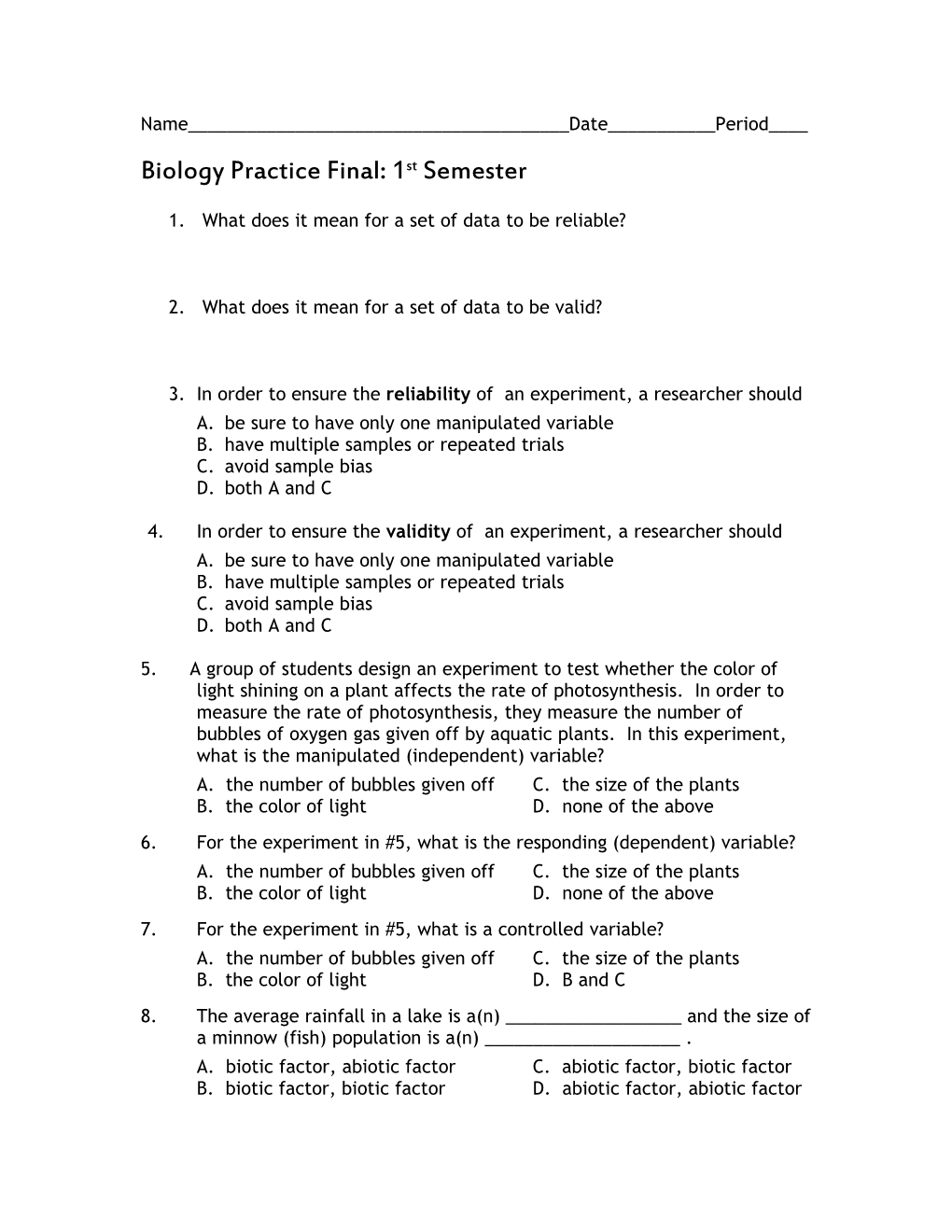 Biology Practice Final: 1St Semester