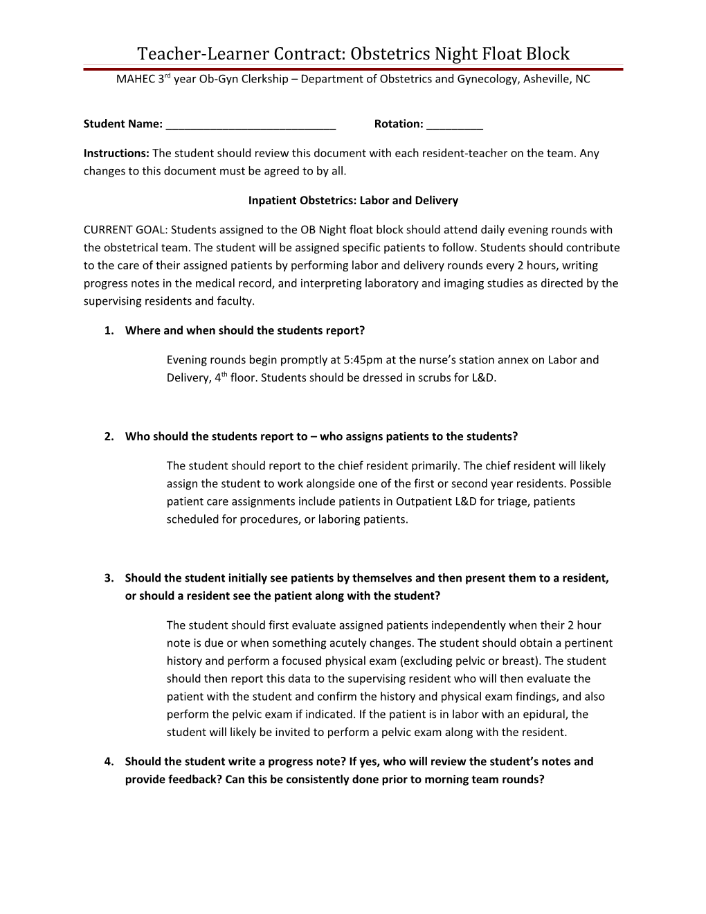 Teacher-Learner Contract: Obstetrics Night Float Block