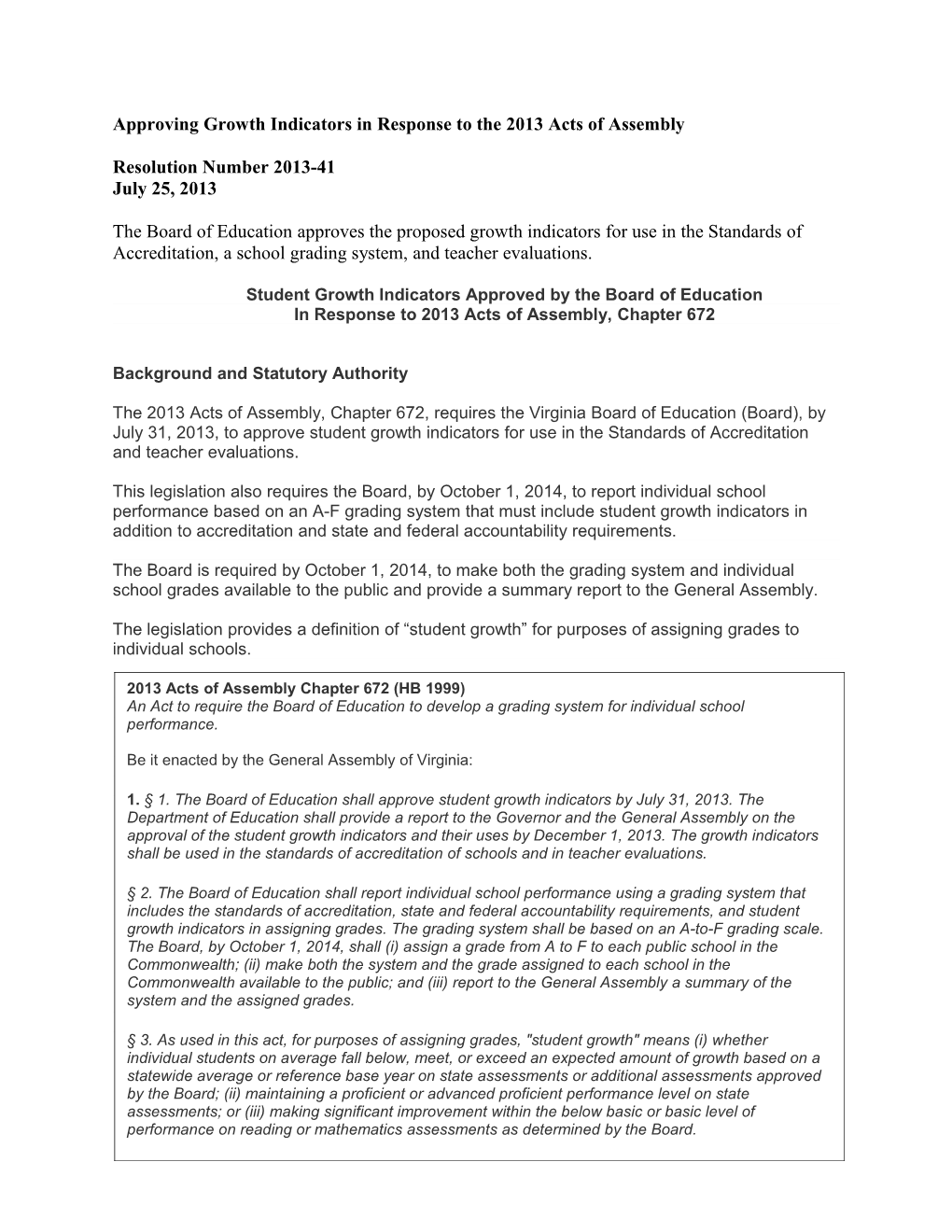 Approving Growth Indicators in Response to the 2013 Acts of Assembly