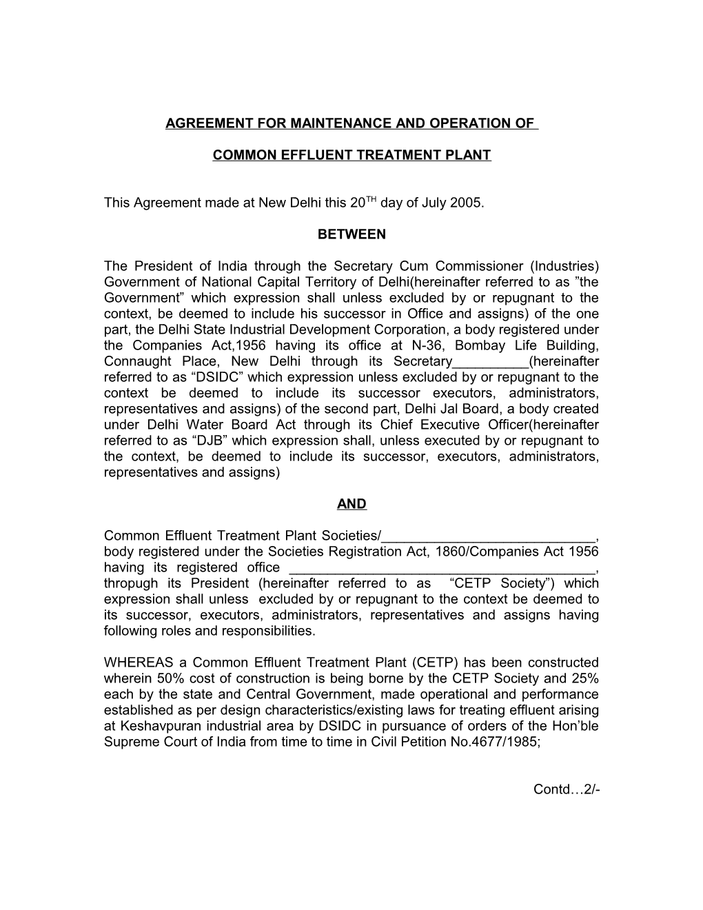 Agreement for Maintenance and Operation Of