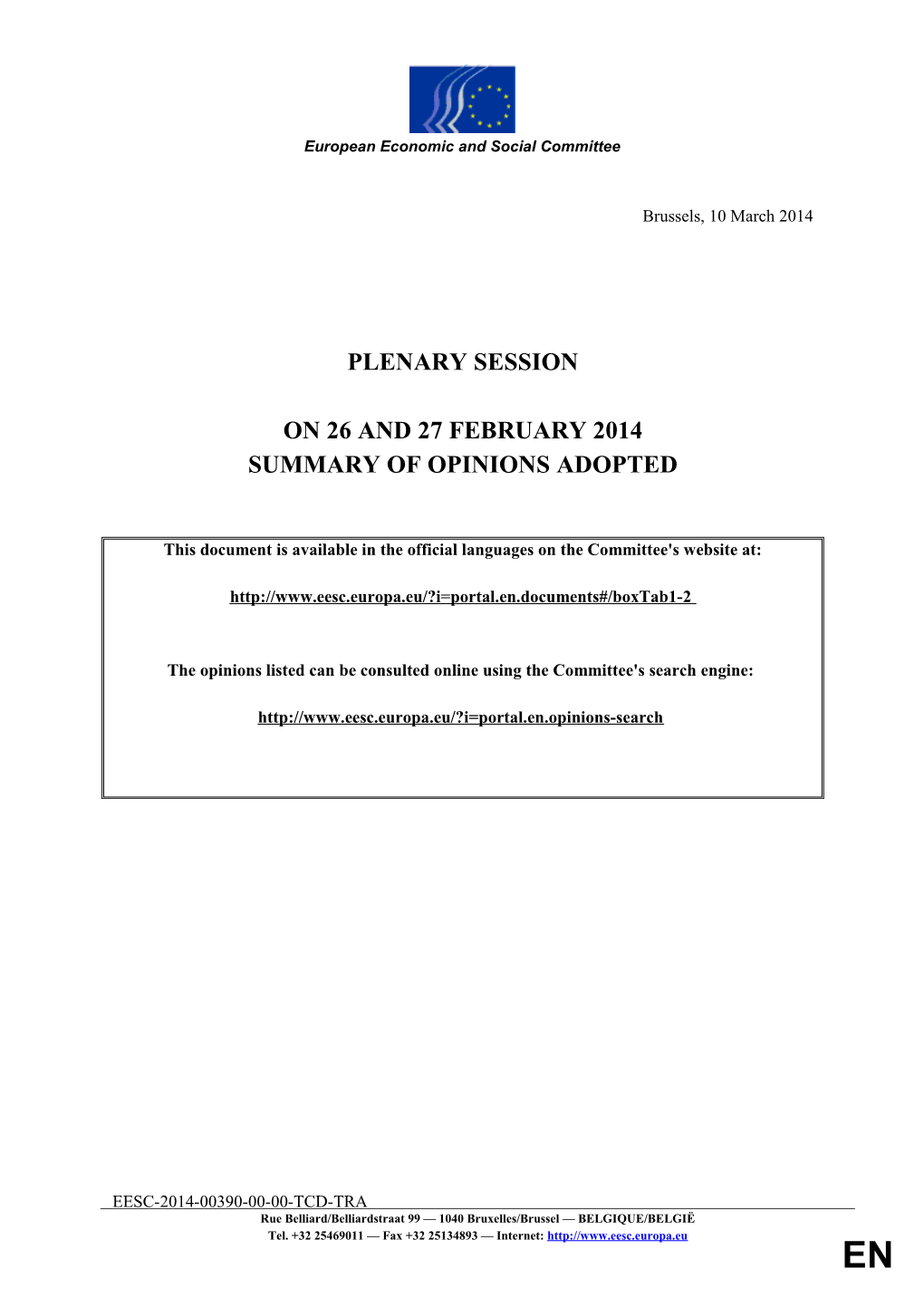 Summary of Opinions Adopted - Plenary Session 26/27-2-2014