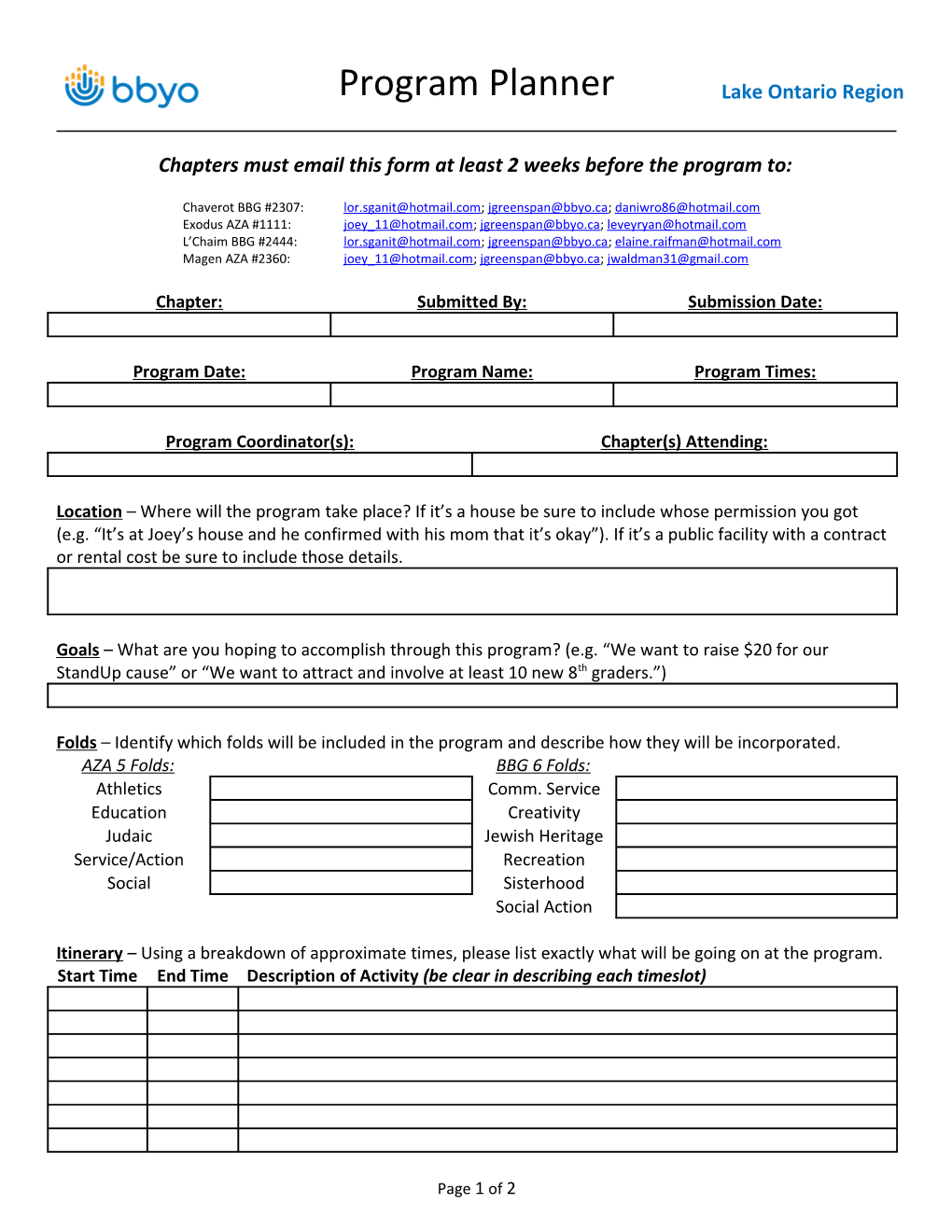 Chapters Must Email This Form at Least 2 Weeks Before the Program To