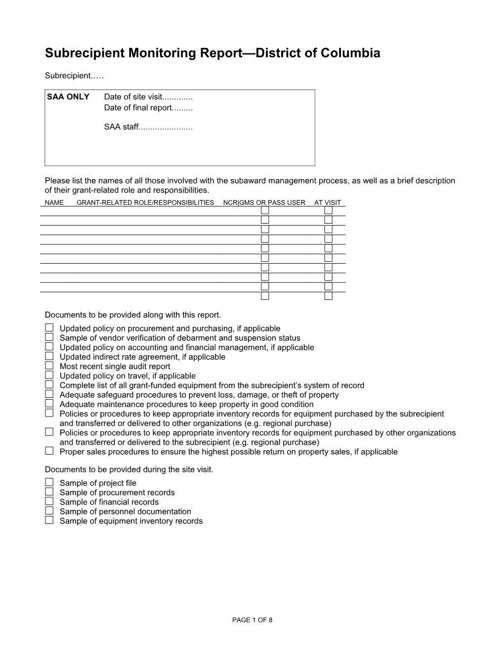 Subrecipient Monitoring Report District of Columbia