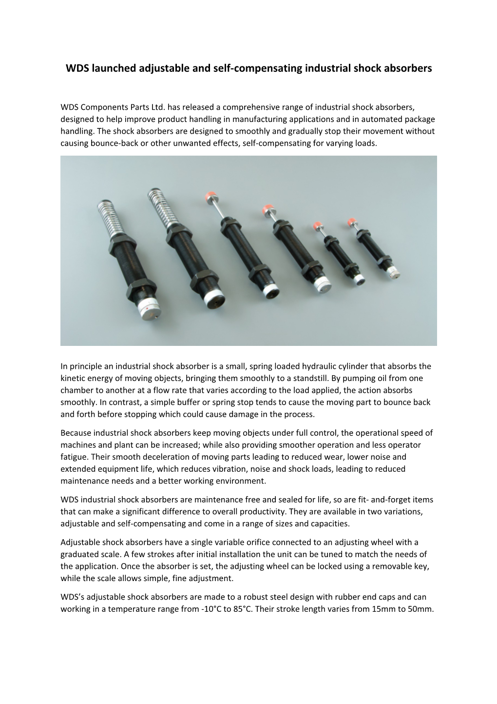 WDS Launched Adjustable and Self-Compensating Industrial Shock Absorbers