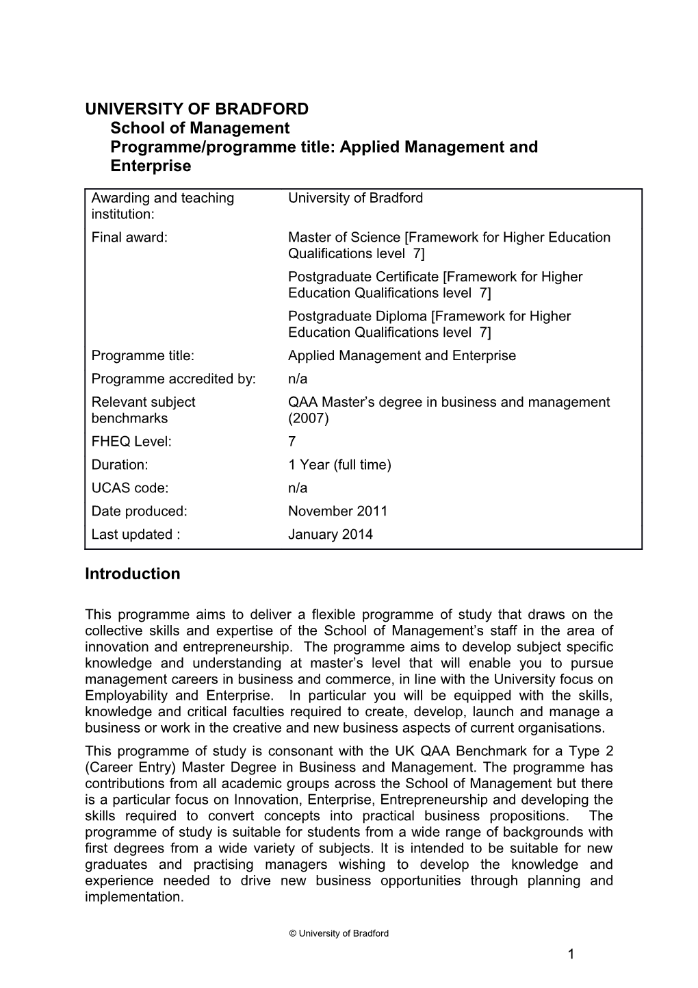 UNIVERSITY of Bradfordschool of Managementprogramme/Programme Title: Applied Management