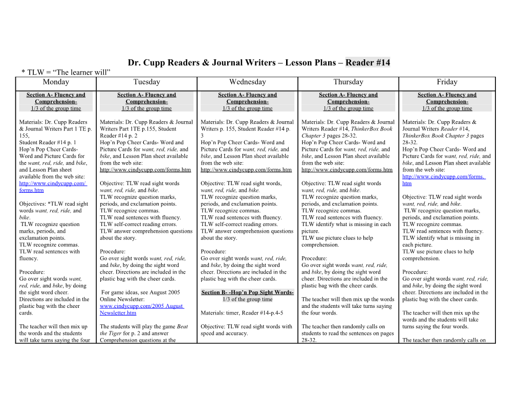 Dr. Cupp Readers & Journal Writers Lesson Plans Reader #14