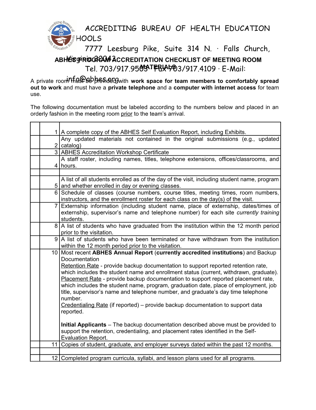 Abhes Program Accreditation Checklist of Meeting Room Materials