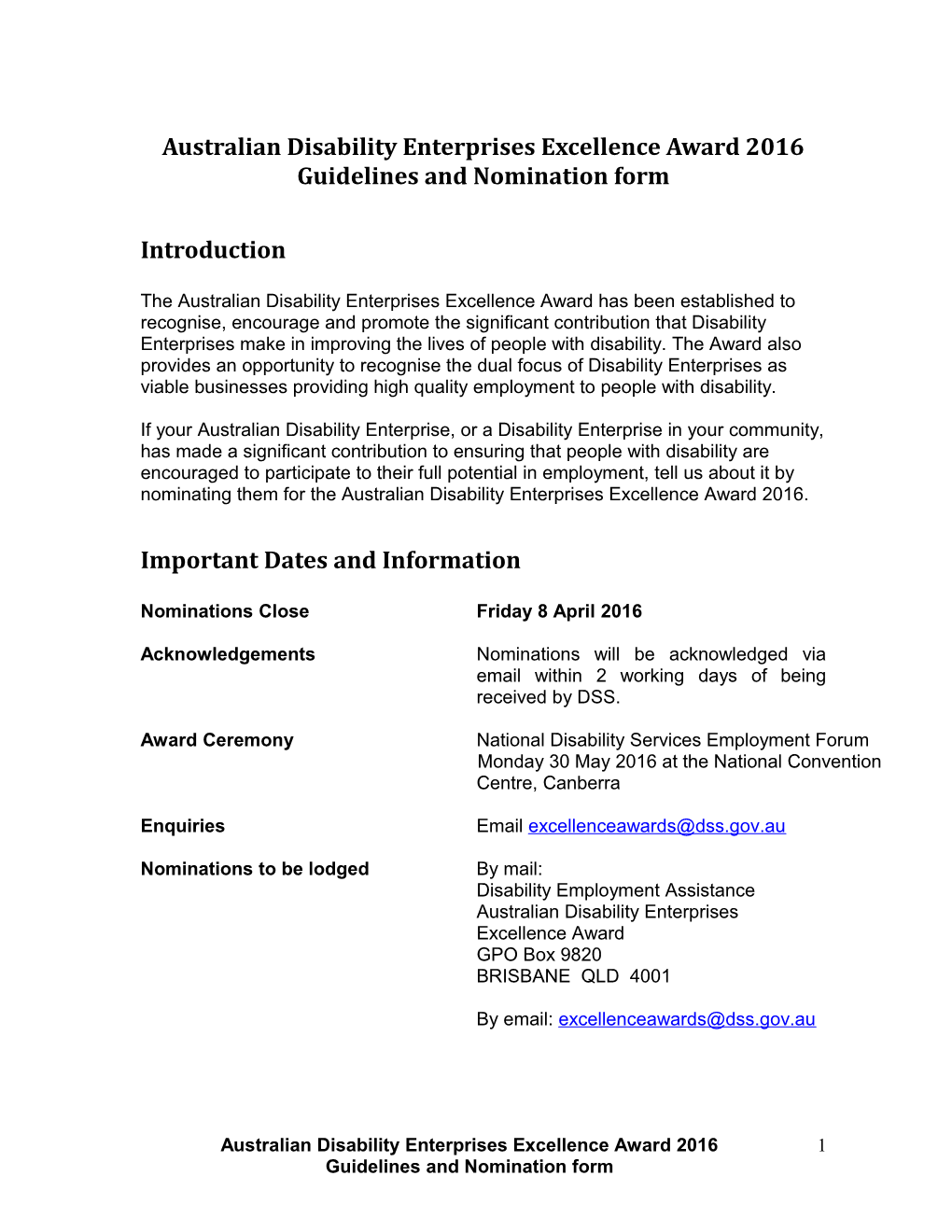 Australian Disability Enterprises Excellence Award 2016 Guidelines and Nomination Form