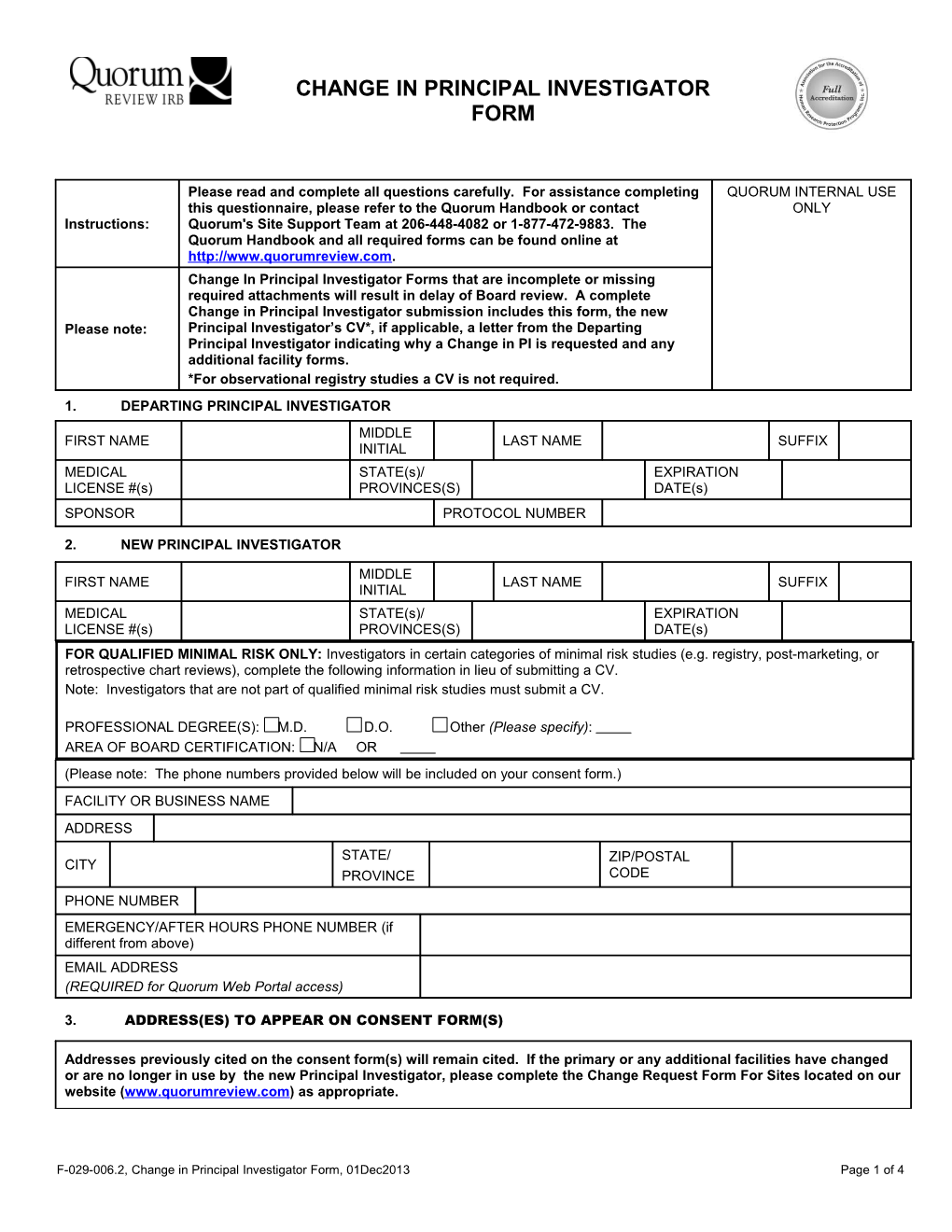 Change in Principal Investigator Form