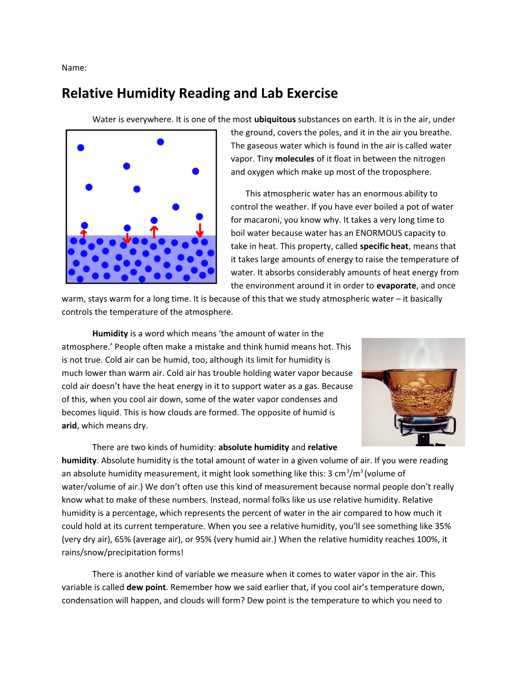 Relative Humidity Reading and Lab Exercise