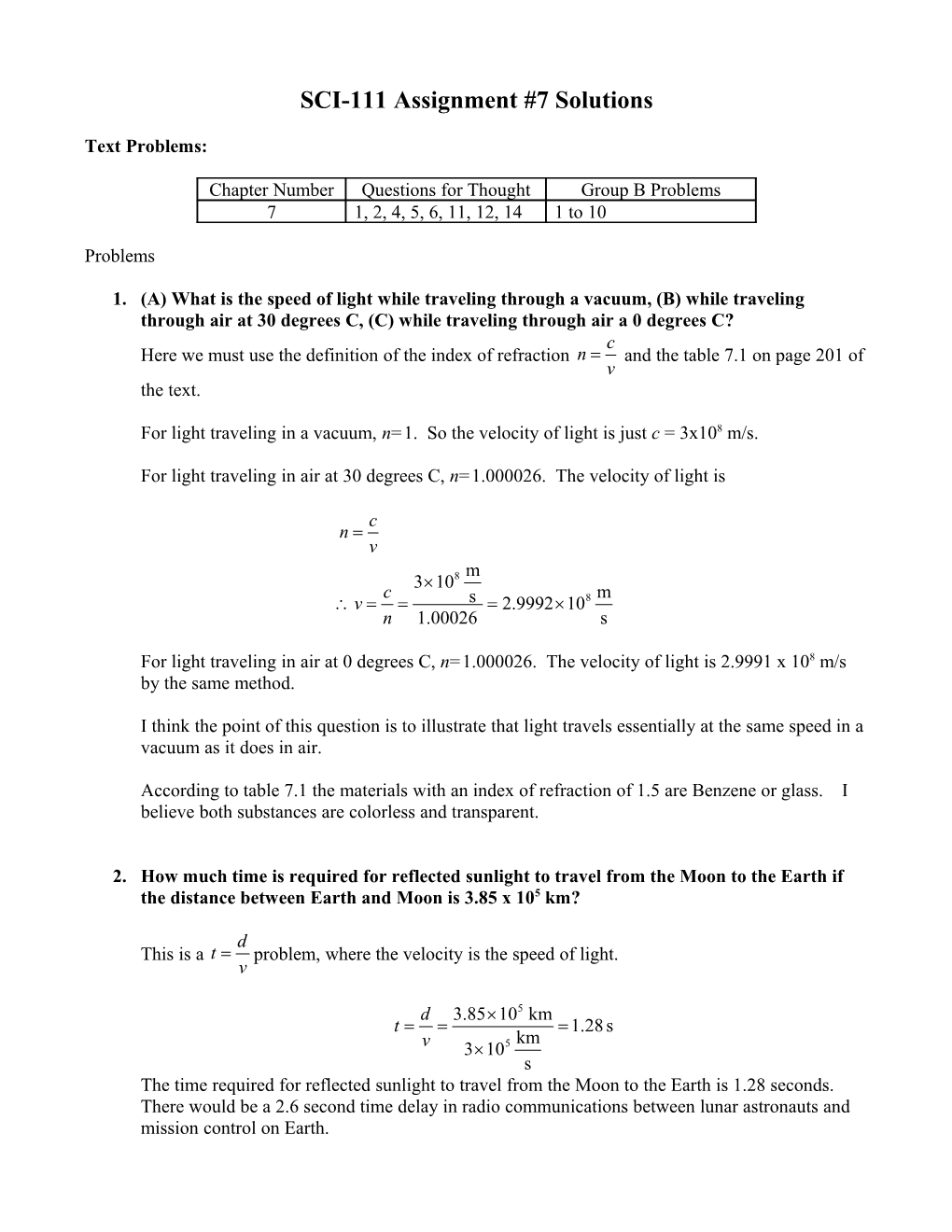 SCI-111 Assignment #7 Solutions
