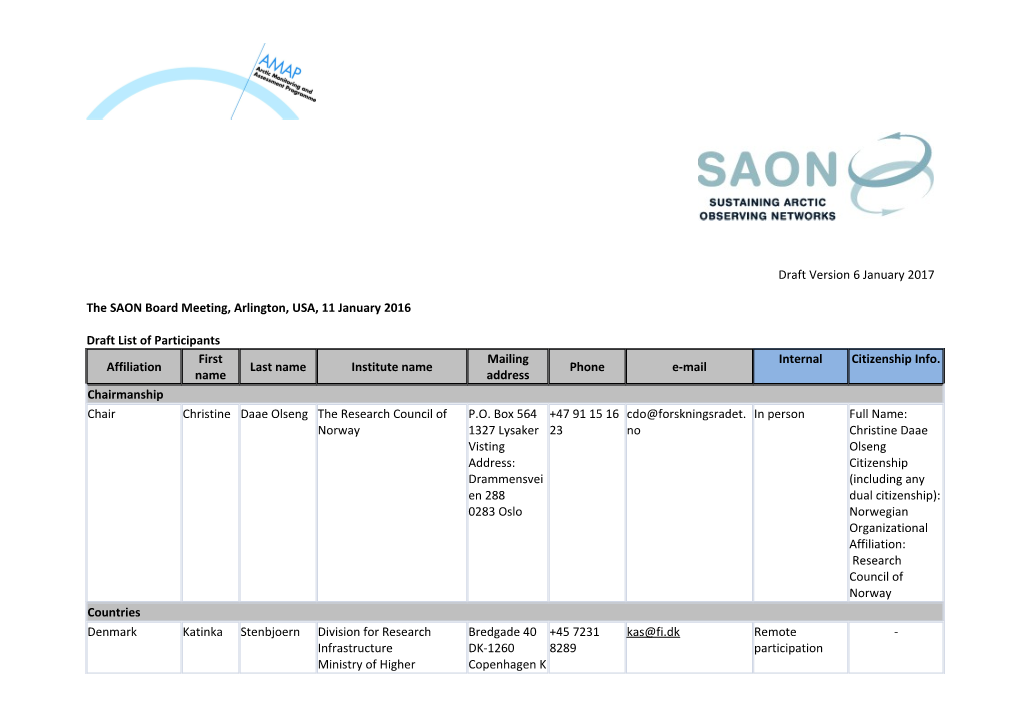 The SAON Board Meeting, Arlington, USA, 11 January 2016