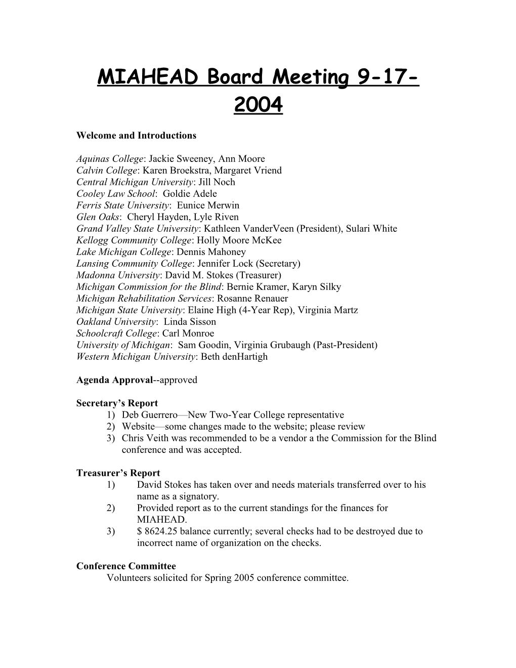 MIAHEAD Board Meeting 9-17-2004