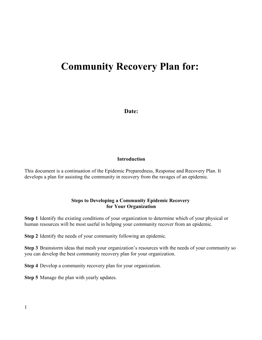 Community Recovery Plan For