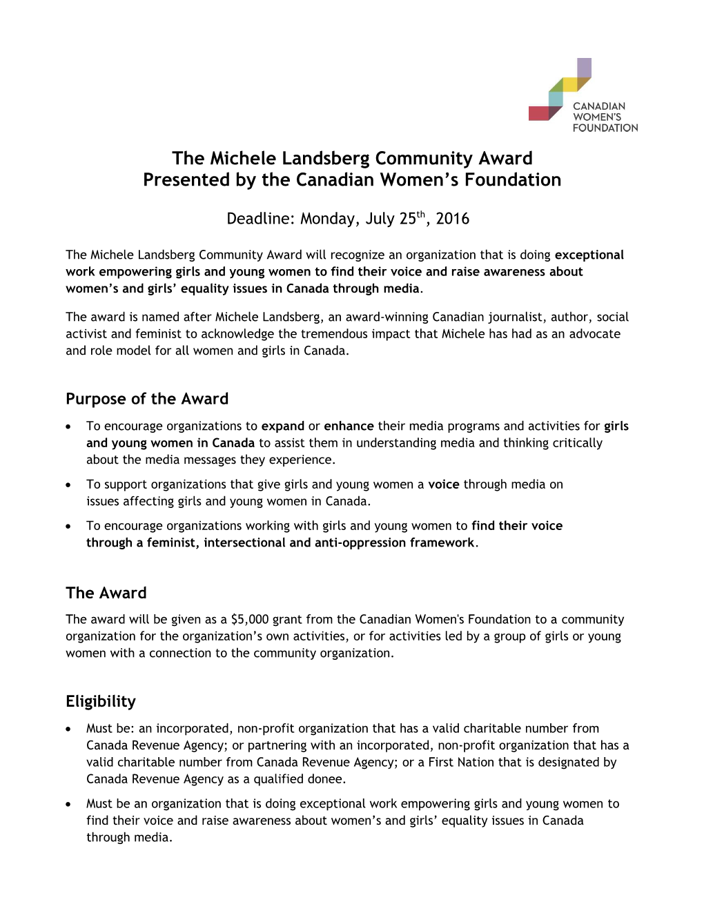 The Michele Landsberg Communityawardpresented by the Canadian Women Sfoundation