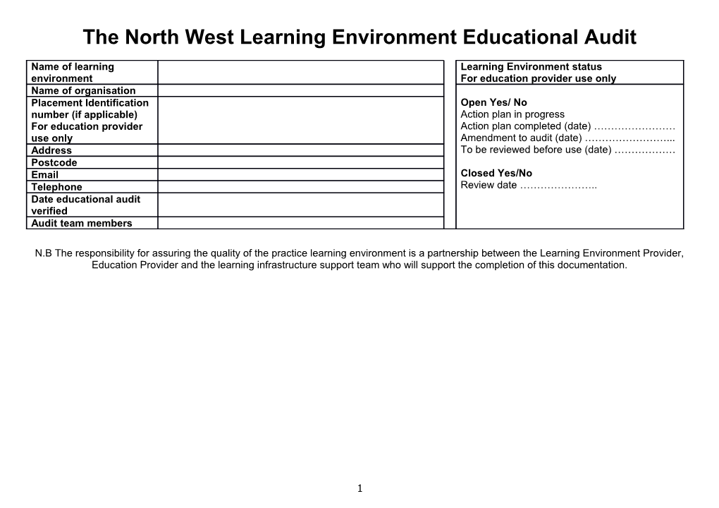 The North West Learning Environment Educational Audit