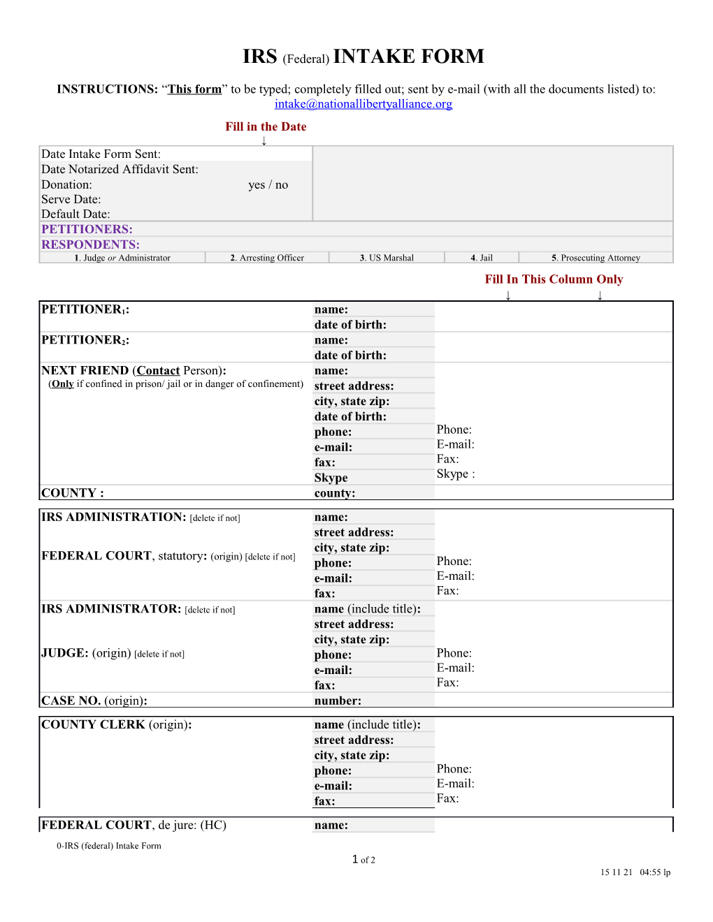 IRS(Federal)INTAKE FORM