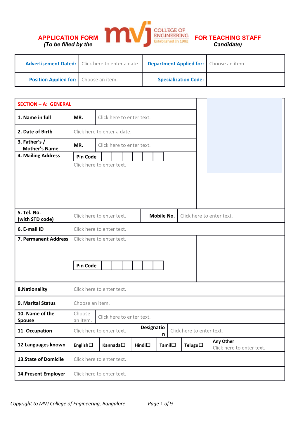 Application Form for Teaching Staff