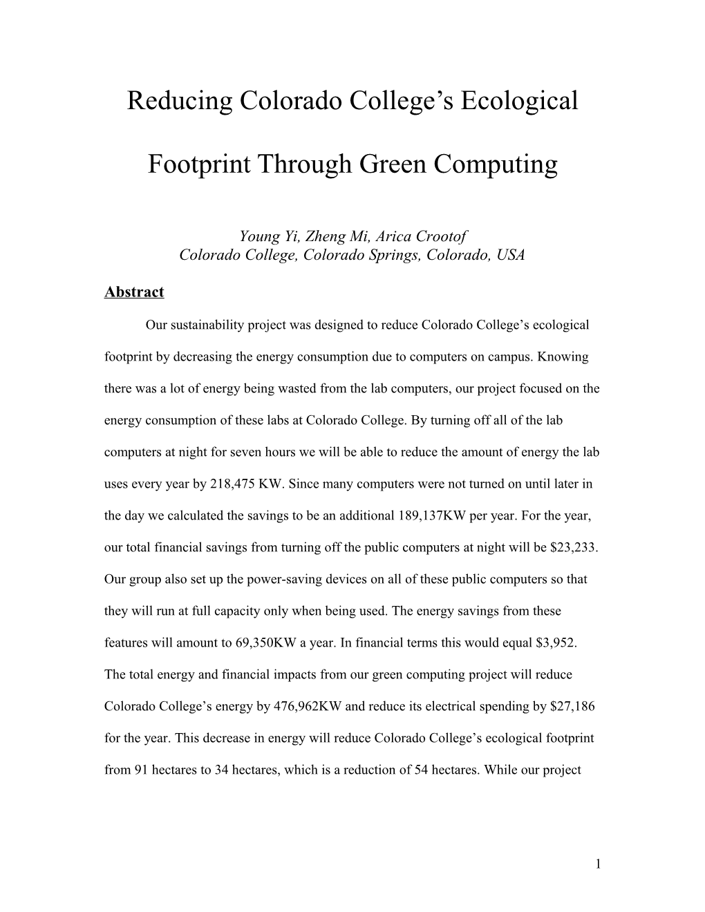 Reducing Colorado College S Ecological Footprint Through Green Computing