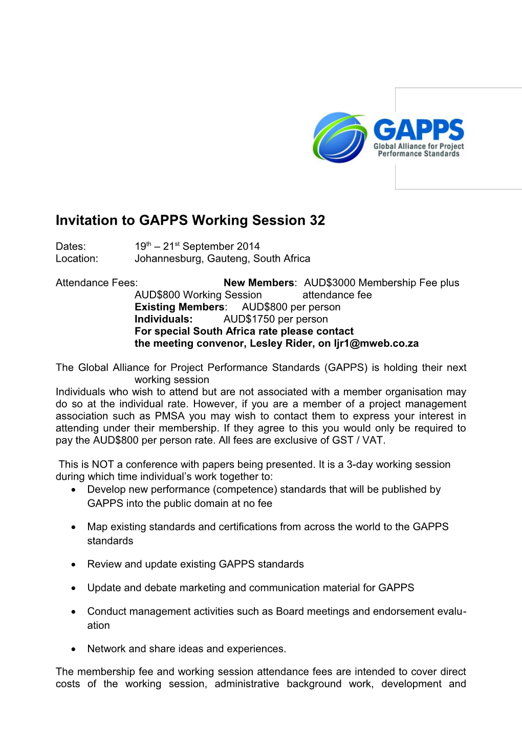 Invitation to GAPPS Working Session 32