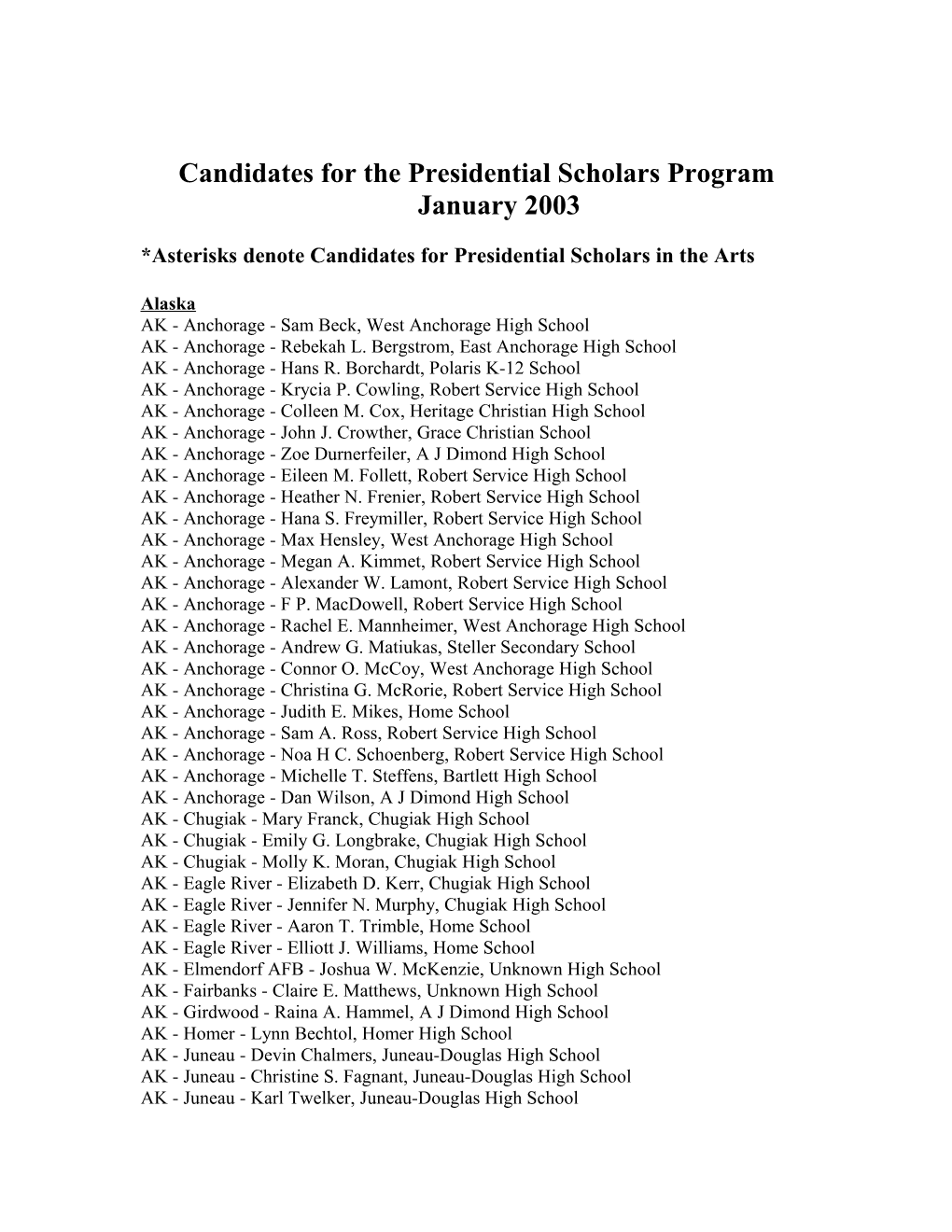 2003 Candidates for the Presidential Scholars Program