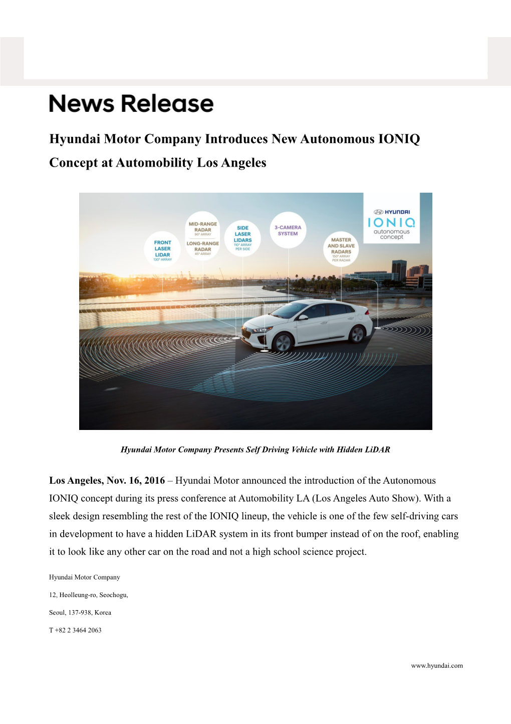 Hyundai Motor Company Introducesnew Autonomous IONIQ Concept at Automobility Los Angeles