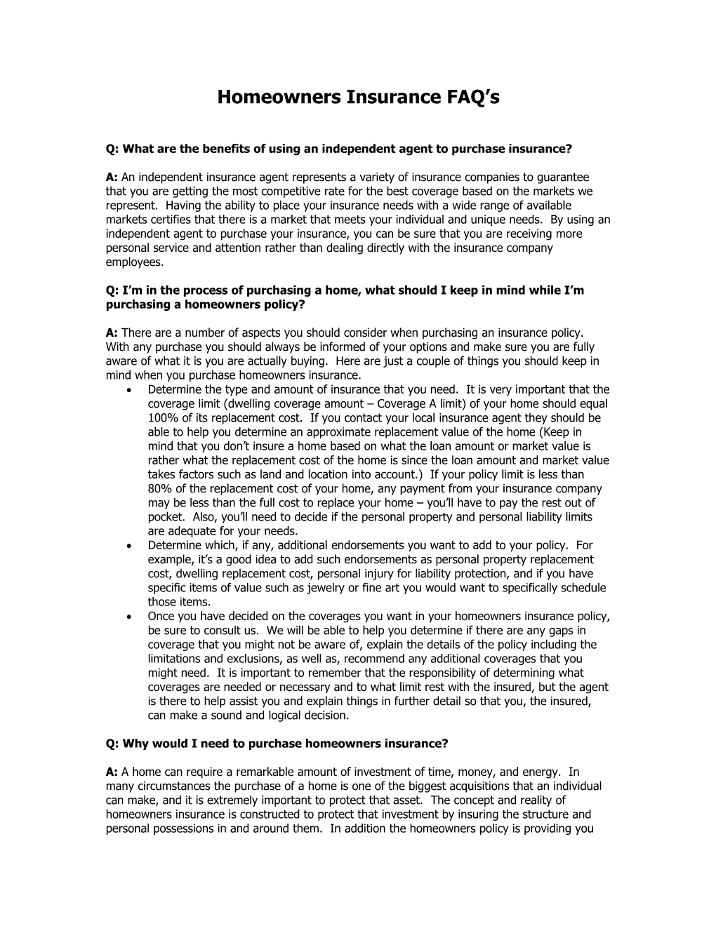 Homeowners Insurance FAQ S