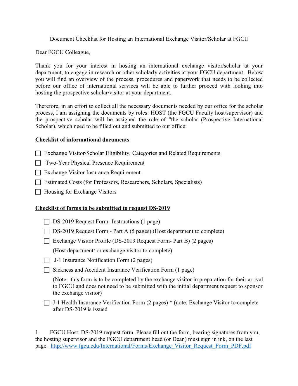 Document Checklist for Hosting an International Exchange Visitor/Scholar at FGCU