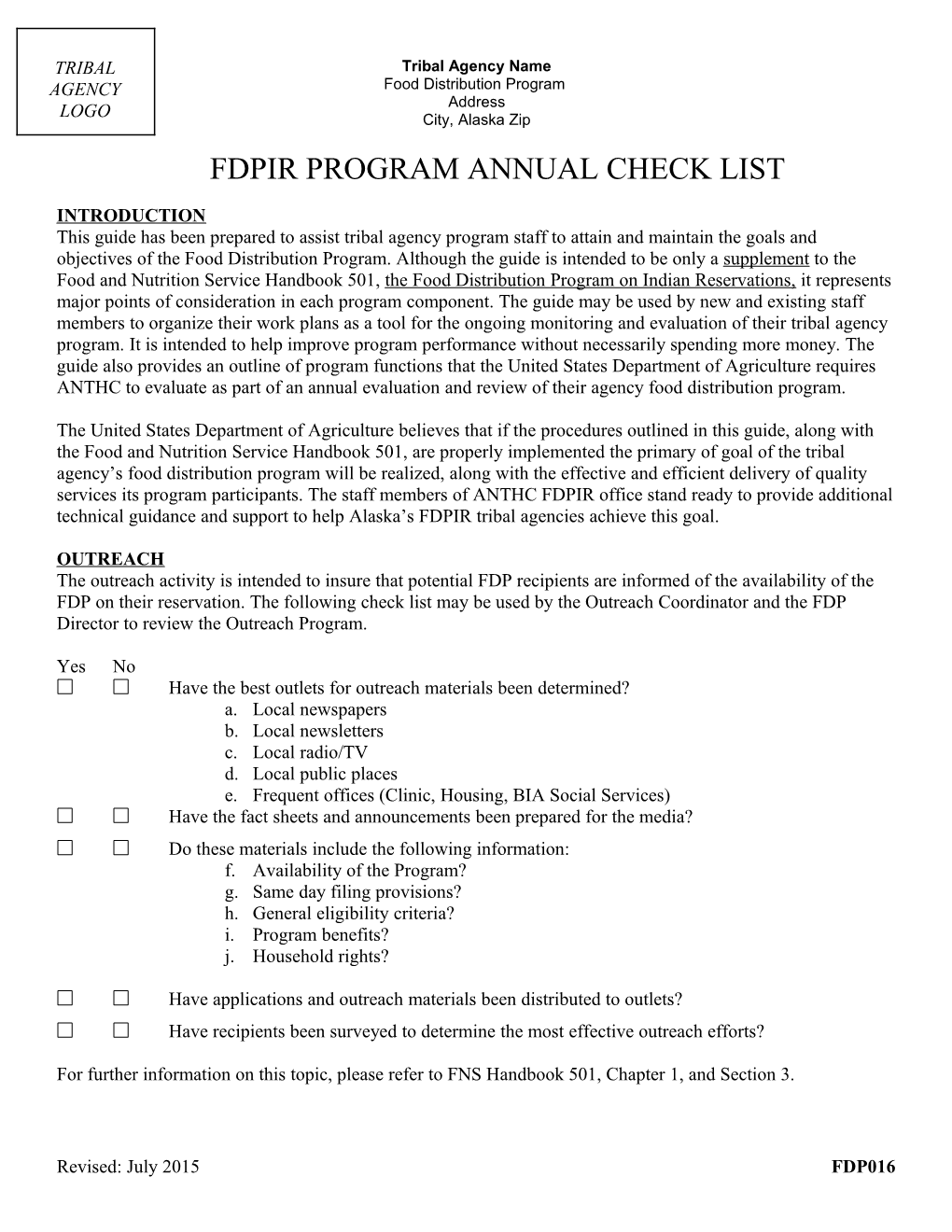 Alaska FDPIR Program Check List