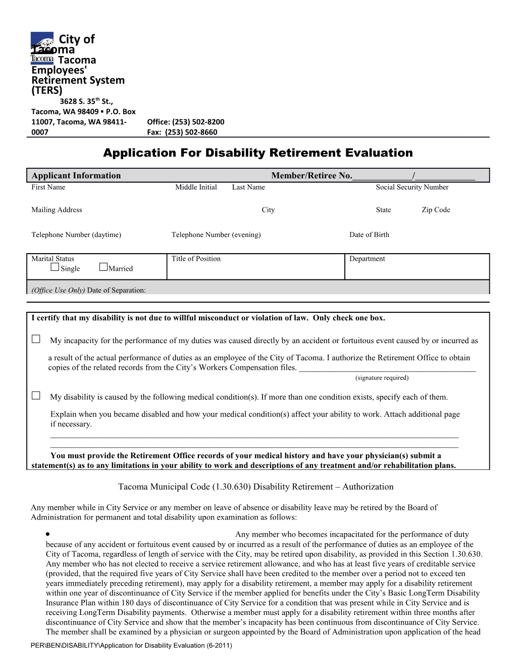 PER BEN DISABILITY Application for Disability Evaluation(6-2011)