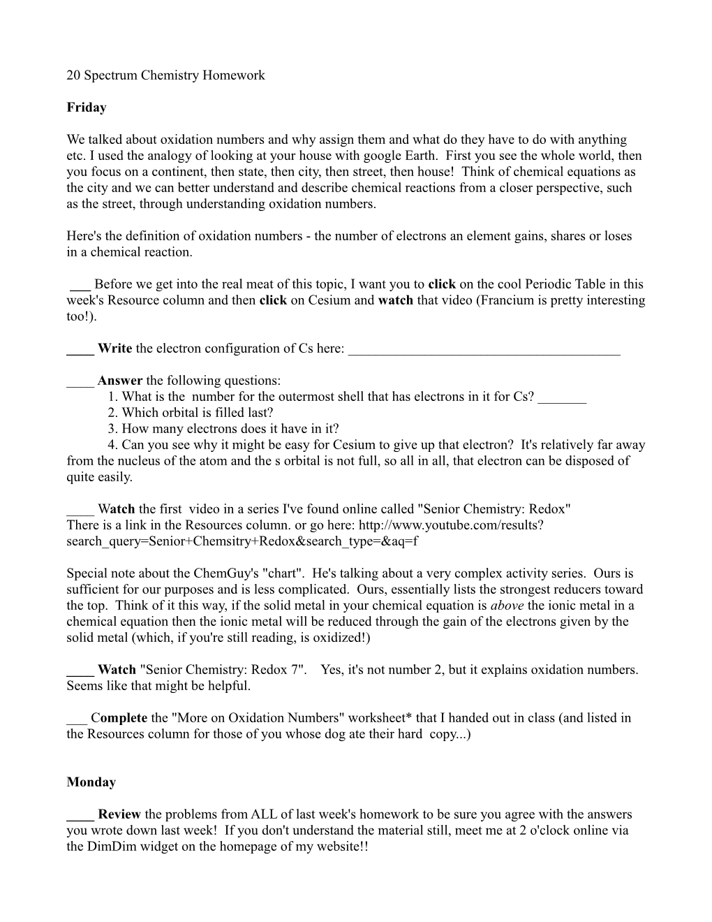 20 Spectrum Chemistry Homework