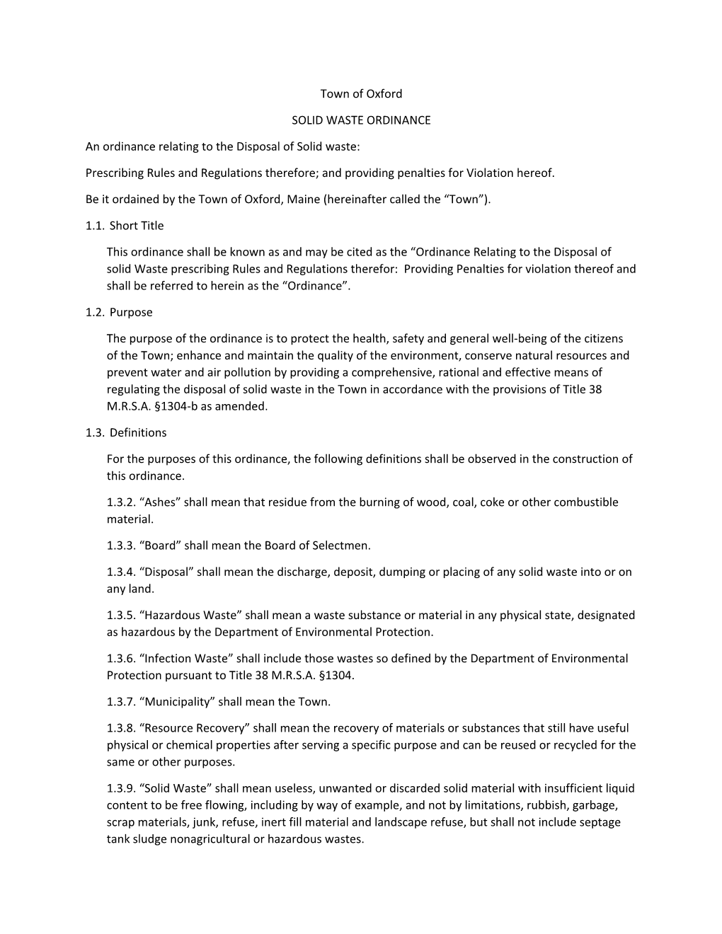 An Ordinance Relating to the Disposal of Solid Waste