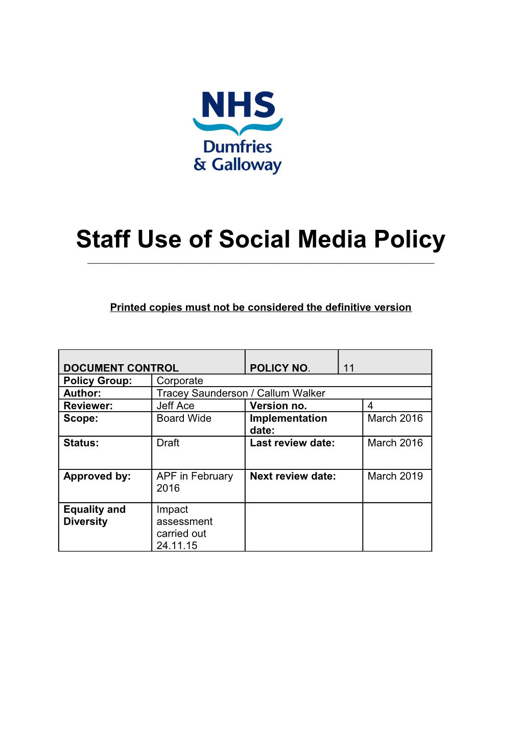 Staff Use of Social Media Policy