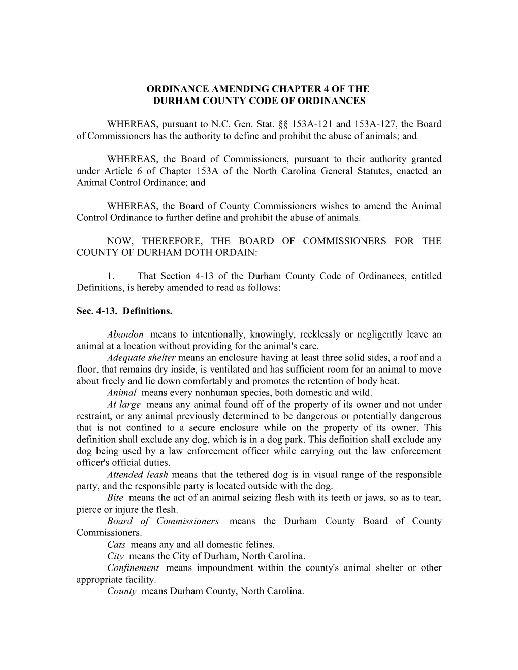 Ordinance Amending Chapter 4 of The