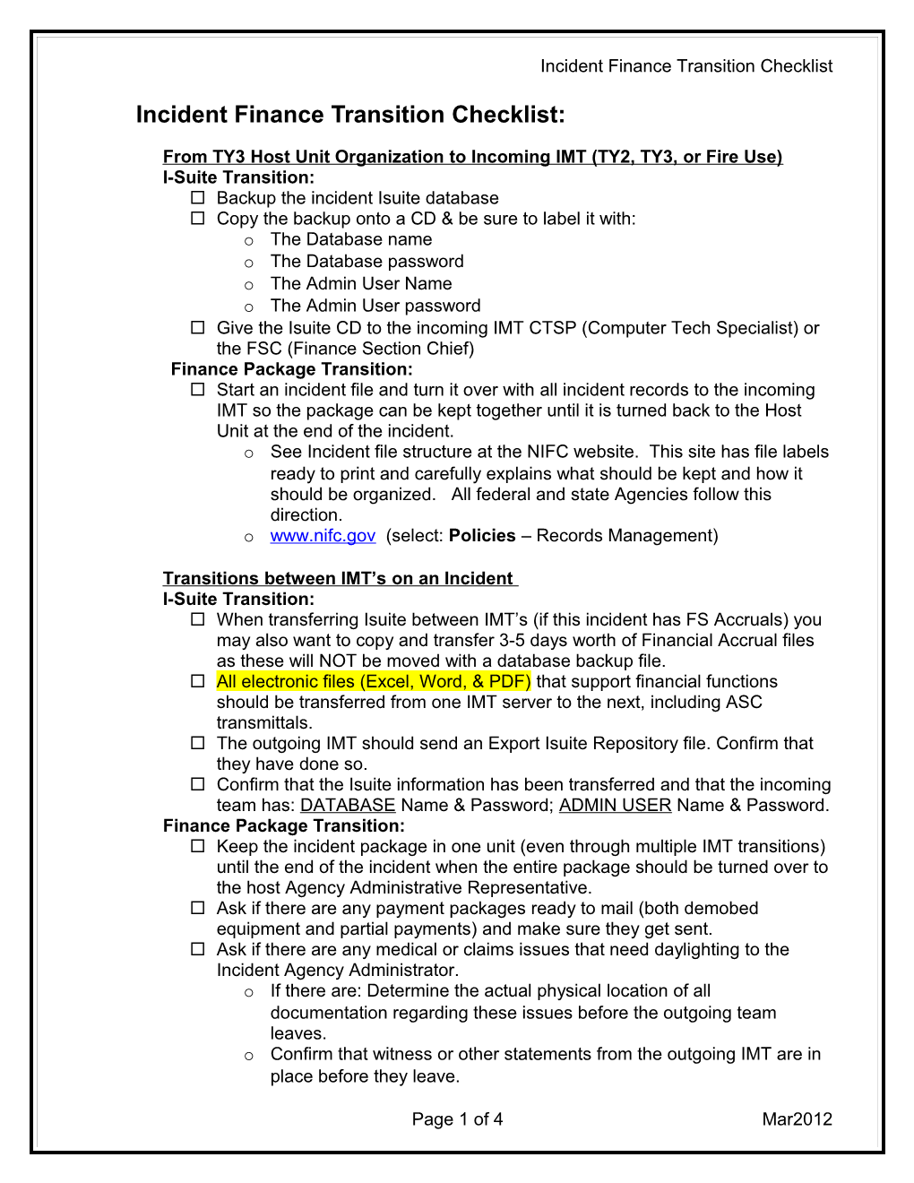 Incident Finance Transition Checklist for Isuite