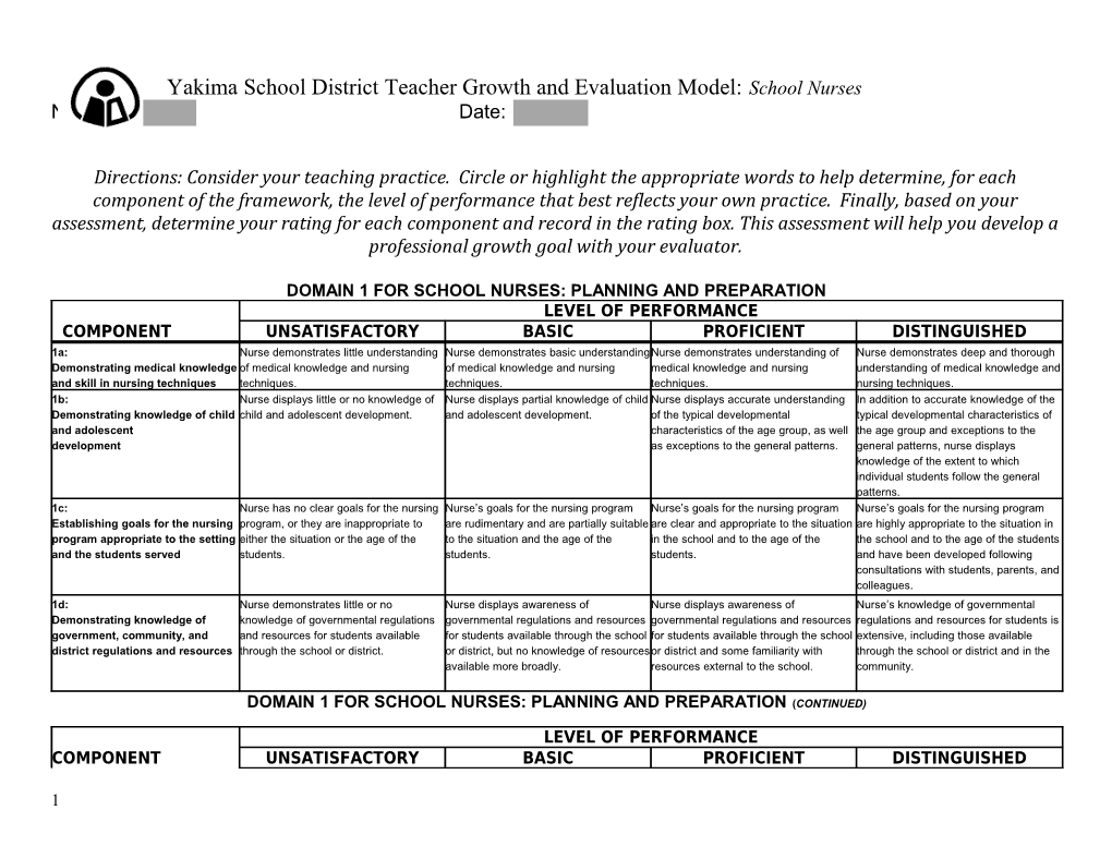 Yakima School District Teacher Growth and Evaluation Model:School Nurses