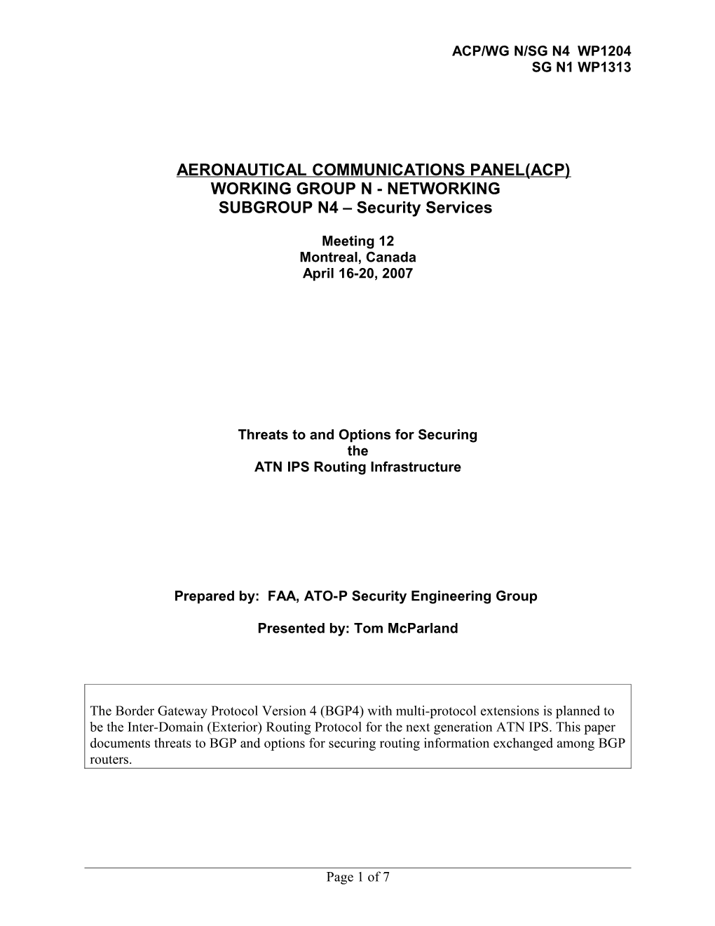 Threats to and Options for Securing the ATN IPS Routing Infrastructure