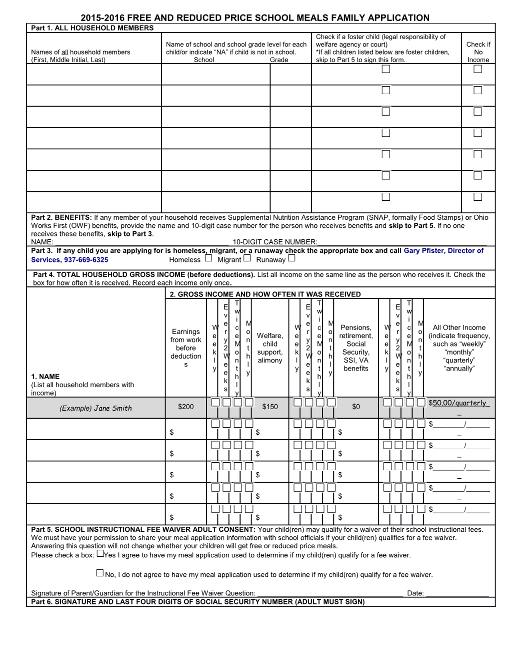 2015-2016 Free and Reduced Price School Meals Family Application