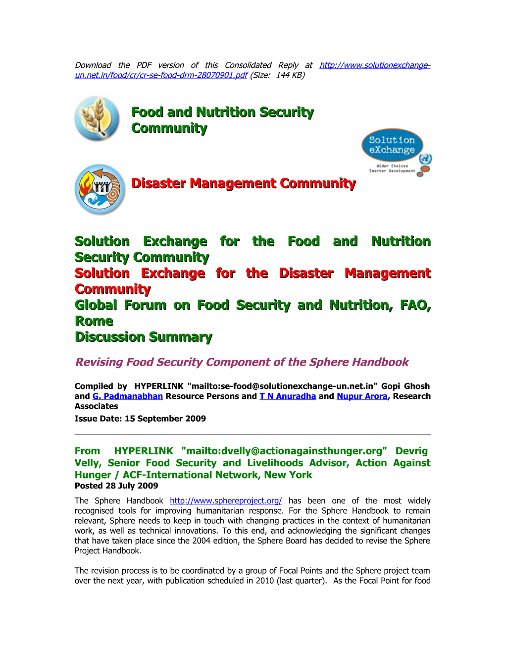 Solution Exchange for the Food and Nutrition Security Community