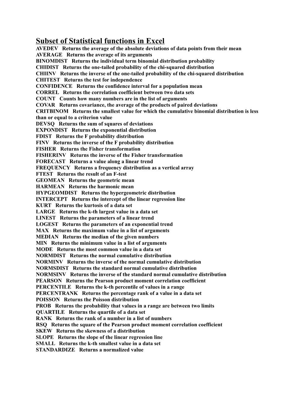 Subset of Statistical Functions in Excel