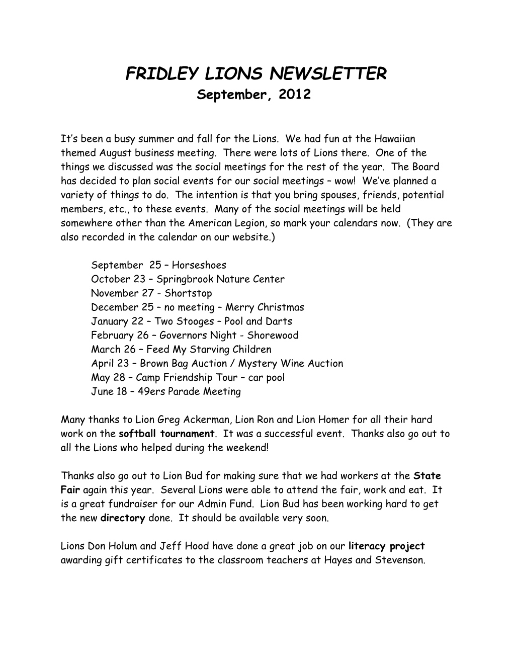 Fridley Lions Newsletter